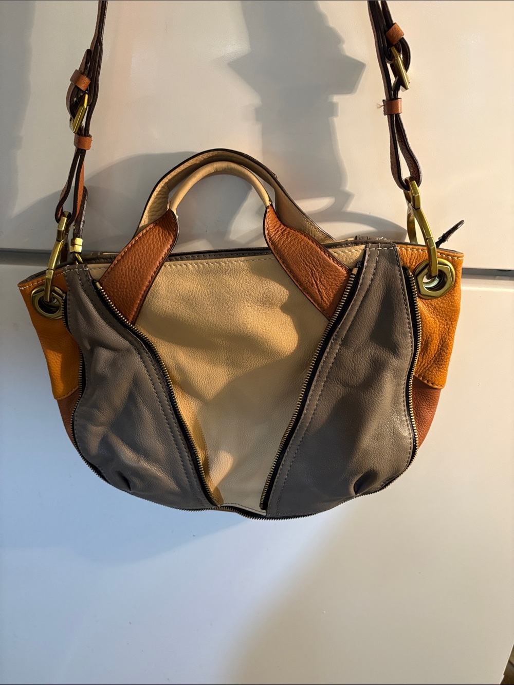 orYANY Multicolor Leather Shoulder Bag - Cream, Gray & Brown